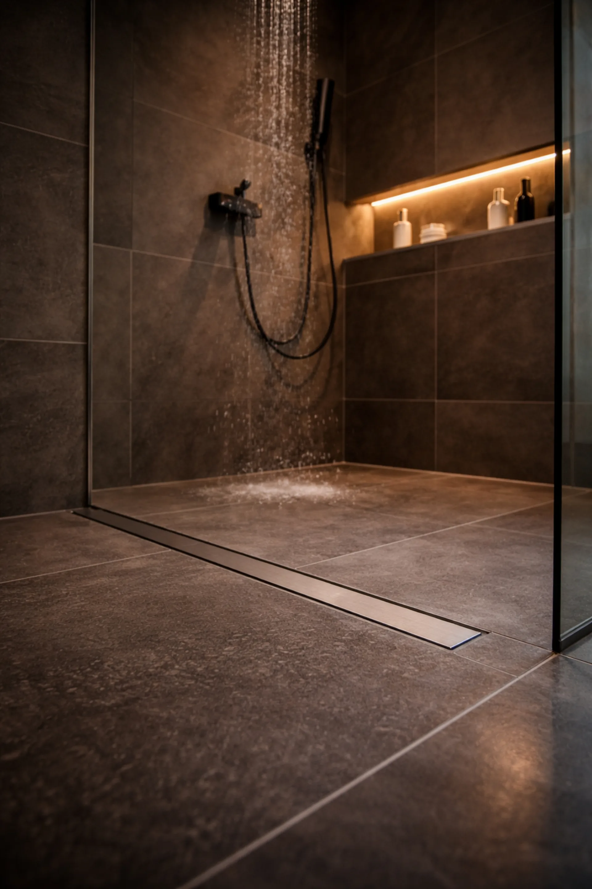 Bodengleiche Dusche mit Regendusche, Großformat-Fliesen und beleuchteter Wandnische — barrierefreier Duschbereich von EVENT Bau in Mülheim an der Ruhr