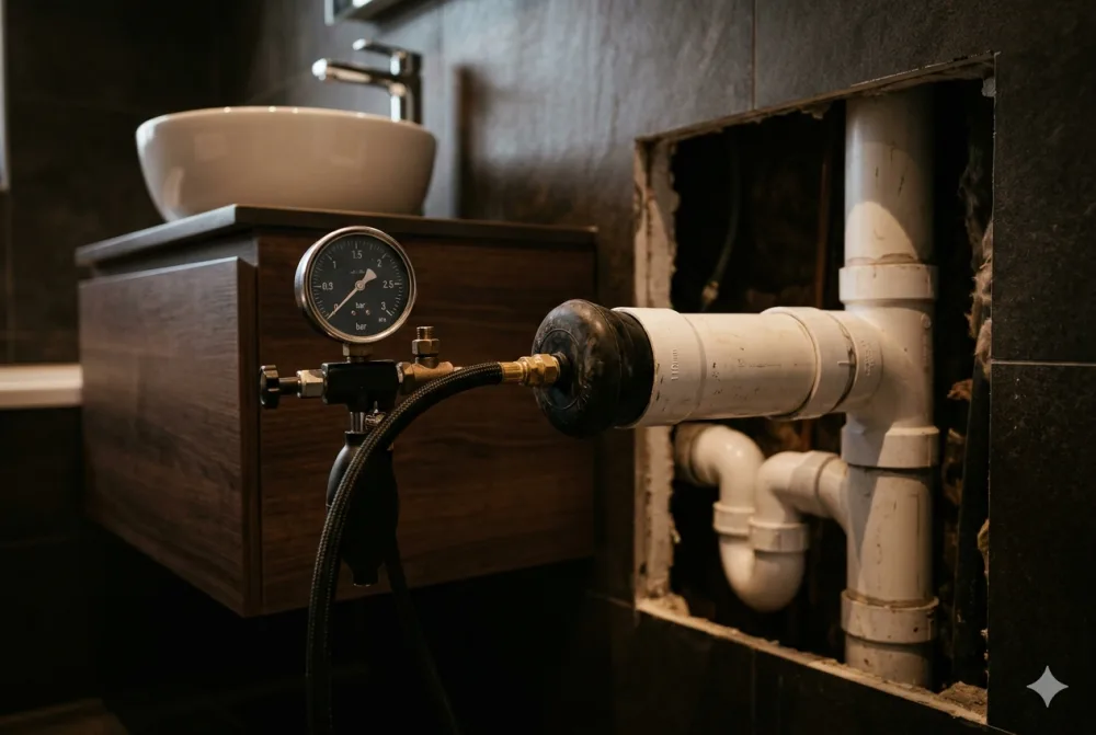 Dichtheitsprüfung mit Druckprüf-Equipment an Abwasserrohren in einem modernen Badezimmer — normgerecht nach DIN 1986-30 in Mülheim an der Ruhr