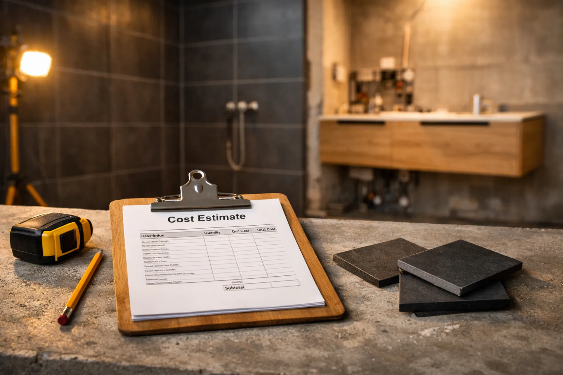 Kostenkalkulation für Badsanierung mit Klemmbrett, Maßband und Fliesenmuster auf Betonoberfläche — Kostenrechner von EVENT Bau Mülheim an der Ruhr