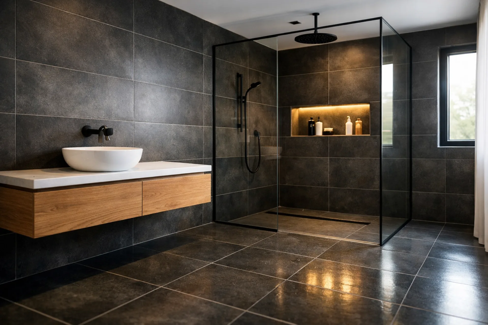 Fertiggestelltes Badezimmer mit Großformat-Fliesen, schwebendem Eichenholz-Waschtisch und bodengleicher Walk-in-Dusche — Referenzprojekt von EVENT Bau in Mülheim an der Ruhr